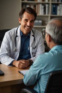  a man is sitting and talking to his doctor
